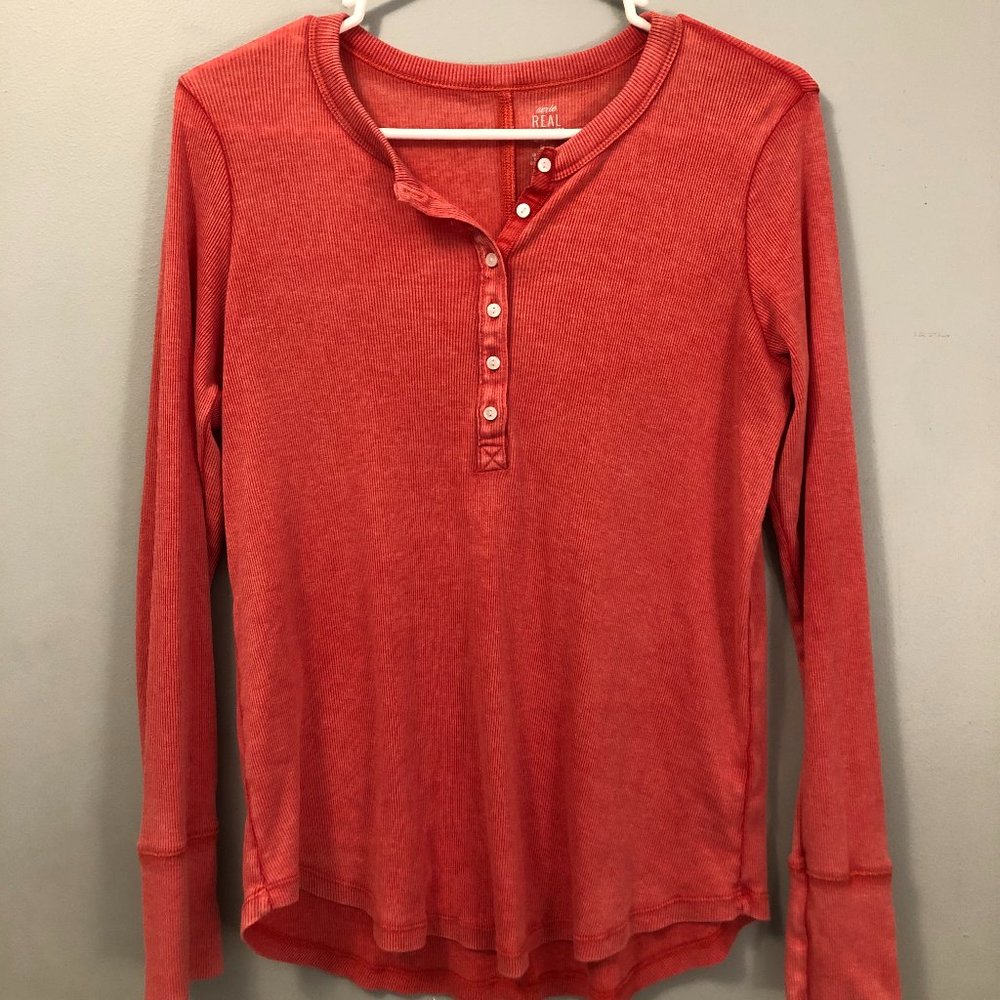 Aerie Real Soft Ribbed Long Sleeve Coral Shirt